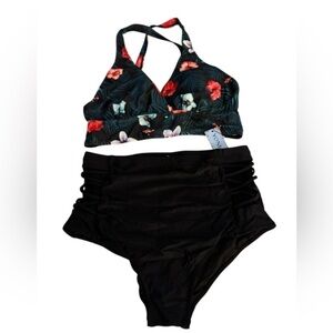 Yonique Womens Plus Size High Waisted Bikini Set Floral Sz 14W WWT